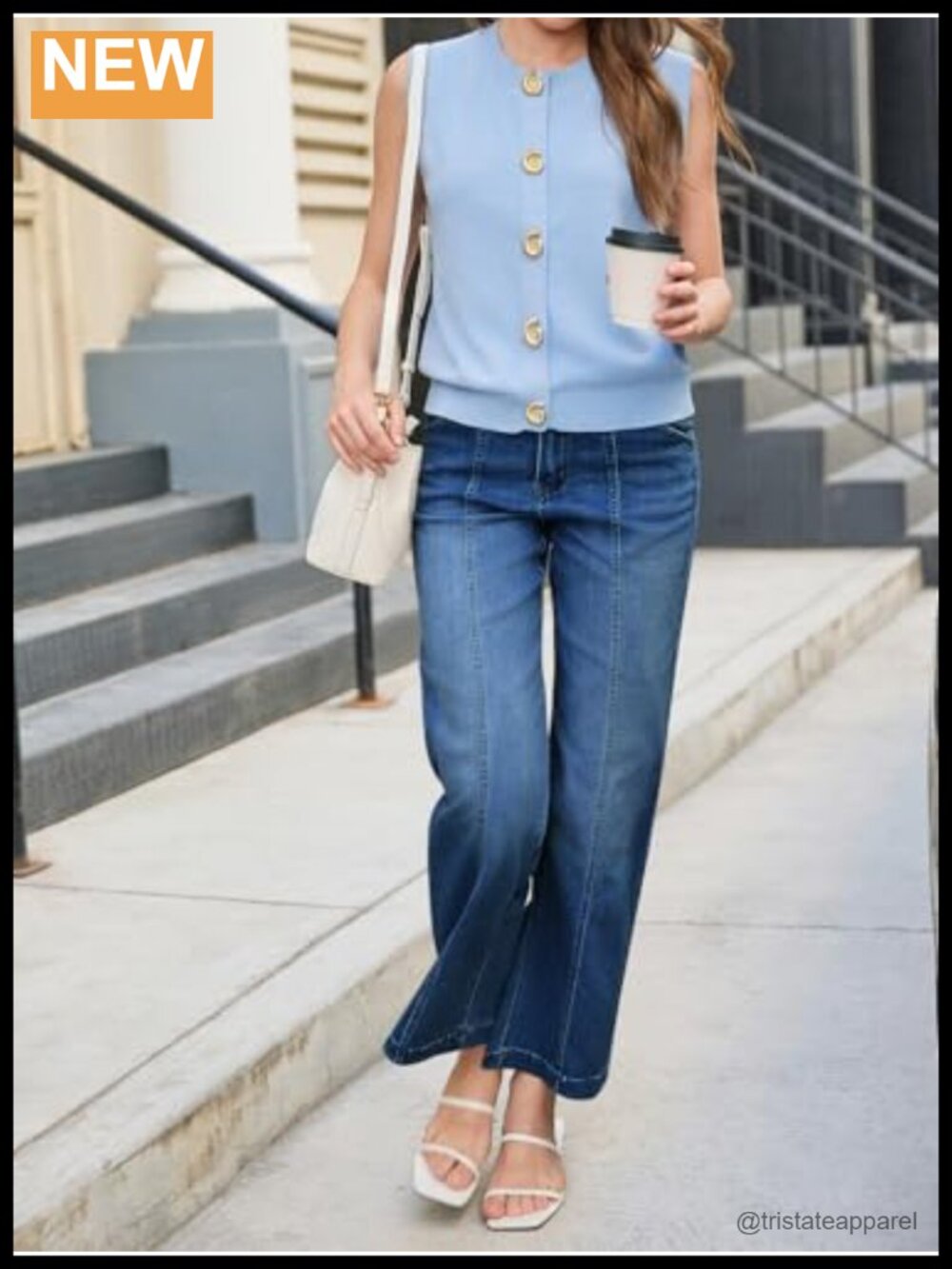 High Waisted Wide Leg Baggy Jeans with Pockets Front Seam Stretch Denim - Picture 5 of 6